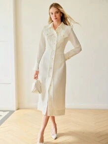 MOTF PREMIUM CONTRAST TWEED RAW TRIM BUTTON FRONT DRESS, PATCH POCKETS, MIDI SHIRT DRESS, WHITE DRESS,SPRING/SUMMER