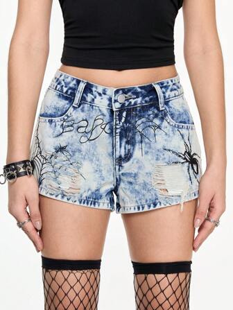 Grunge Punk Pantaloncini di jeans a vita bassa retrò sexy dal design a ragnatela punk per donne