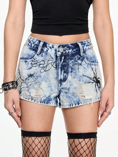 Grunge Punk Punk Retro Sexy Spinnennetz Tief Taillierte Denim Shorts für Frauen