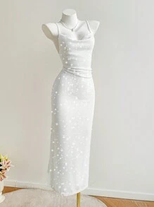 SHEIN Unity 女士优雅纯色亮片吊带连衣裙 - 白色 - 查看 4