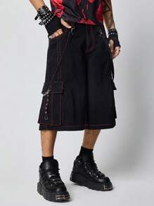 ROMWE MEN Grunge Punk Men's Punk Striped Cargo Pocket Wide Leg 3/4 Jeans Pants - Black - View 9