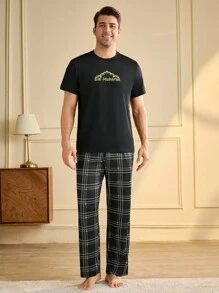 Manfinity Underwear&Sleepwear Basics 2pcs Men's Letter Print Short Sleeve Top And Shorts Pajama Set - Black - View 4