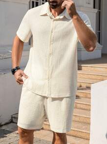 Manfinity Homme Plus Size Men's Front Button Short Sleeve Casual Shirt And Shorts Set