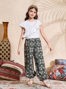 SHEIN Tween-Mädchen Lässiges Urlaubs-Set mit Rundhalsausschnitt, Kurzarm-Oberteil und Shorts mit Blumenmuster, 2-teilig - Weiss - Übersicht 1