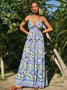 Travachic Woven Printed Spaghetti Strap Backless Dress For WomenSpring And Summer Outfits,Summer Clothes,Valentine's Day,Vacation Outfits Woman,Beach Outfits For Woman, Festival,Romantic And Elegant Clothing,BOHO