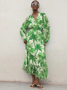 Aveloria Modichic Elegant Party Dress With Floral Print, Chiffon Fabric, Puff Sleeve, High Waist, Maxi A-Line Silhouette, Ruffle Hem Design For Women Fall Cloth For Women