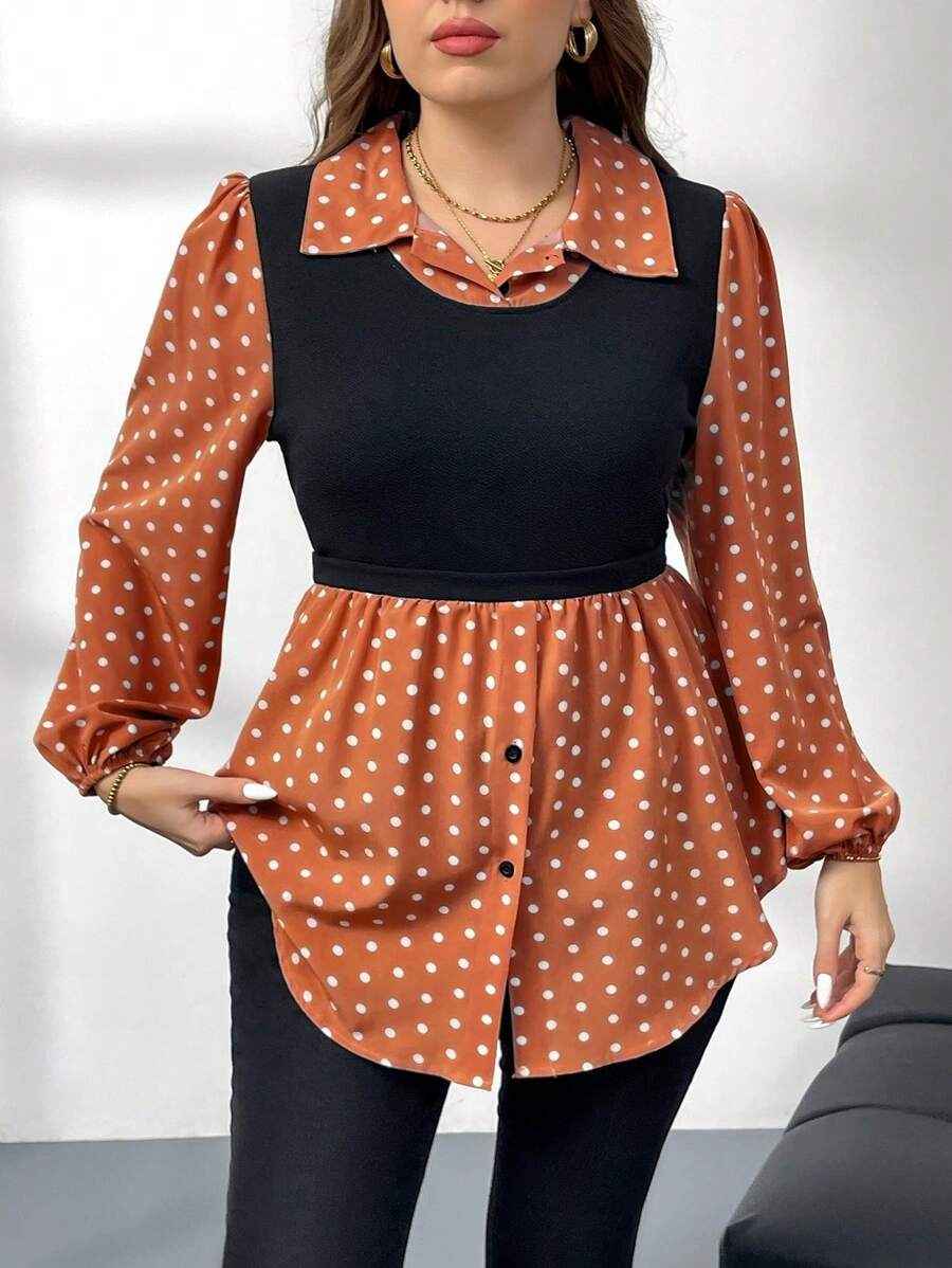 SHEIN LUNE Plus Size Women's Polka Dot Print Long Sleeve Shirt Fall Women Holiday Business Casual Woman Going Out Tops