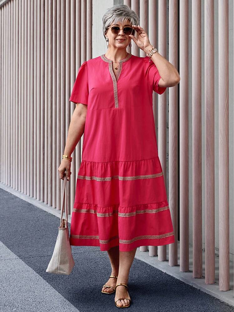 Plus Size Plain Color Patchwork Short Sleeve Casual Pleated Midi Dress