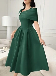 Modelyn Women's Rhinestones Decor Simple Pleated Casual Dress, For Daily Wear - Dark Green - View 5
