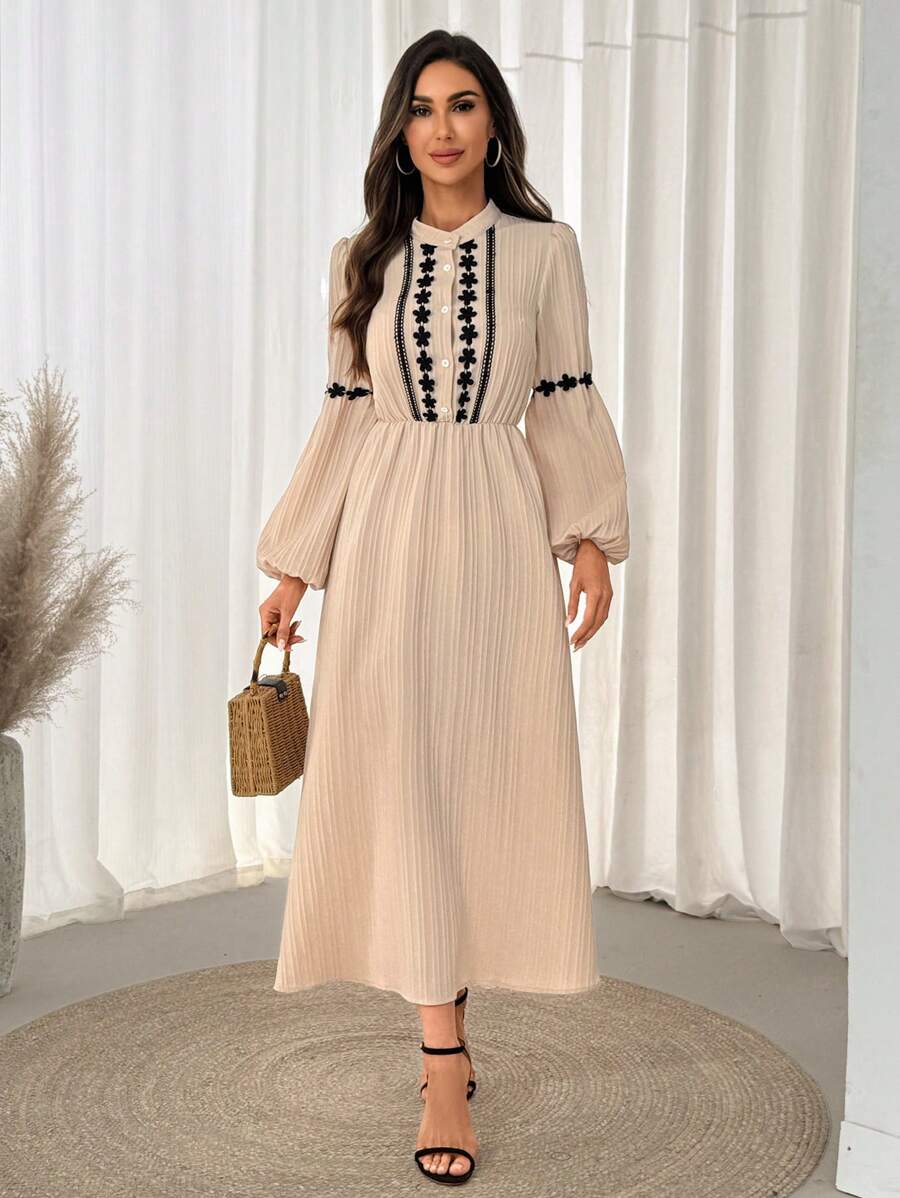 SHEIN LUNE Stand Collar Button Half-Open Sleeve Lace-Paneled Elastic Waist Flare Hem Casual Beach Vacation Elegant Midi Dress, Ribbed Fabric