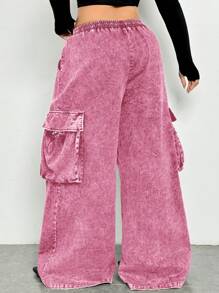 SHEIN ICON Plus Size Wide-Legged Cargo Trousers - Hot Pink - View 3