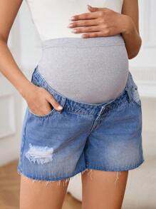 SHEIN 可调节腰部孕妇破洞口袋牛仔短裤 - 淺色水洗藍 - 查看 4