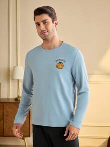 Men's Round Neck Long Sleeve Printed Simple Top And Long Pants Pajama Set - Mint Blue - View 5