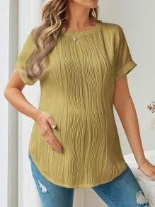 SHEIN Maternity Round Neck Short Sleeve Long Loose T-Shirt, Suitable For Casual Wear In Summer - Mustard Yellow - View 4