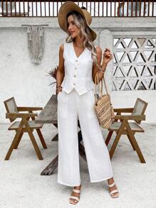 EMERY ROSE Conjunto de chaleco y pantalones de un solo boton en color solido para mujer