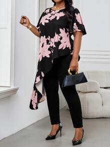 SHEIN Lady Spring And Summer Elegant Commuting Office Casual Boho Colorful Woven Round Neck Asymmetrical Short Sleeve Plus Size T-Shirts Summer Summer Outfits For Women Vacation Outfits Woman Summer Tops Beach Outfits For Woman Summer Clothes Women Boho Women Clothing Beach Outfits Bohemian Plus Size Summer Clothes Summer Tops Women Tops Summer Vacation Tops