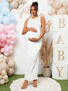 Loomaby Maternity Ruched Gender Reveal Dress For Baby Shower Party - White - View 6