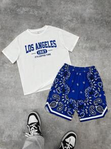 SHEIN Leap Crew 2 peças crianças pré-adolescentes menino casual esportes versátil carta impressão gráfico gola redonda solto ajuste manga curta camiseta e shorts estampados malha conjunto de roupa - Multicolorido - Ver 2