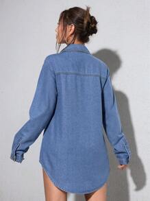 SHEIN PETITE 1 件女士牛仔休闲连衣裙，长袖，简约风格，适合日常穿着 - 藍色 - 查看 2