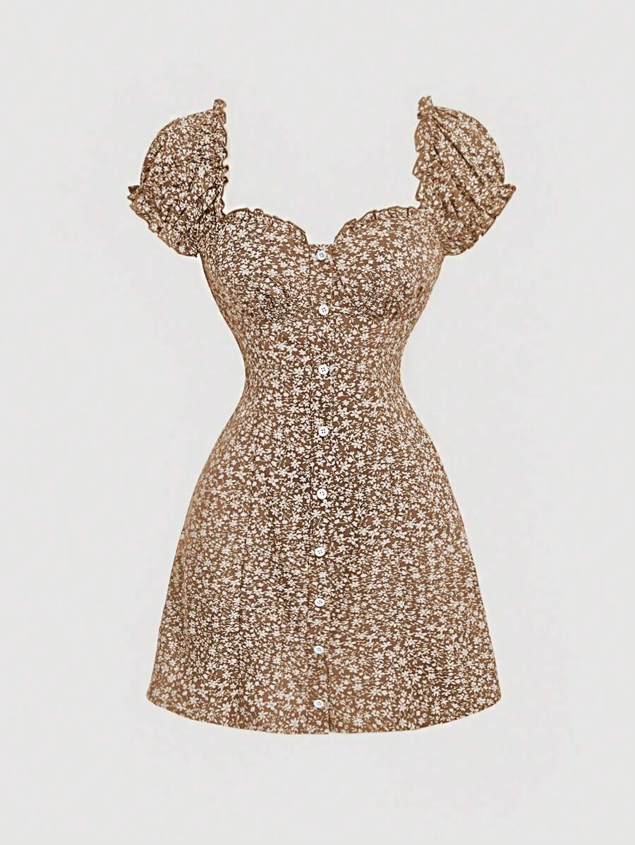 SHEIN MOD 女士心形领无袖满身碎花连衣裙 - 卡其色 - 查看 1