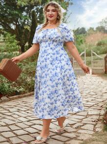 SHEIN VCAY Plus Size Floral Print Lantern Sleeve Square Neck Vacation Dress Sun Dresses Summer Outfits Beach Outfits For Woman Graduation Outfit Brunch Outfits For Women St Patrick Spring Break Rave Outfits Festival Elegant Vacation Outfits Woman Casau Western Cute Boho  Floral Beach Spring Clothes Brunch Outfits For Women Old Money Tropical Vacation Woman Clothes