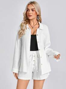 SHEIN LUNE Button Down Collar Blouse And Drawstring Waist Casual Shorts 2 Pieces Set, Elegant Vacation Outfit - White - View 3