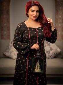 Al Najma 女式优雅迷你碎花灯笼袖阿拉伯风格长裙，秋季，端庄