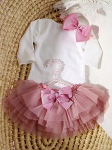 SHEIN Conjunto de ropa de recién nacida para sesión fotográfica, incluye pelele, falda de tul y diadema con moño para salida del hospital, atuendo de regalo para baby shower o cumpleaños