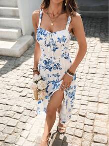 SHEIN VCAY Women's White And Blue Floral Sleeveless Midi Dress,Summer Elegant Brunch Holiday Woven Print Beachwear,Boho Hippie Hawaiian Vacation Outfits - Blue and White - View 8