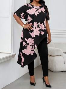 SHEIN Lady Spring And Summer Elegant Commuting Office Casual Boho Colorful Woven Round Neck Asymmetrical Short Sleeve Plus Size T-Shirts Summer Summer Outfits For Women Vacation Outfits Woman Summer Tops Beach Outfits For Woman Summer Clothes Women Boho Women Clothing Beach Outfits Bohemian Plus Size Summer Clothes Summer Tops Women Tops Summer Vacation Tops