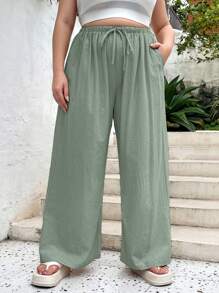 SHEIN Essnce Plus Size Women's Spring And Summer Fashion Casual Loose Comfortable Daily Linen Green Elastic Waist Wide Leg Pants, Holiday Wear,Summer Outfits,Women Bottom,Beach Outfits For Woman,Linen Pants Women