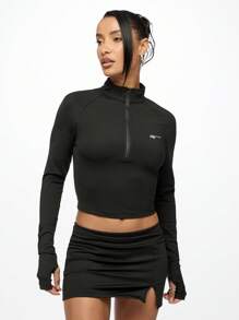 SUMWON WOMEN Hochleistungs-Halfzip Crop Athletik-Top mit Daumenöffnungen, schnell trocknend, aktives Training, Laufen, Fitness, Yoga, Sport, Langarm Kompressionsshirt