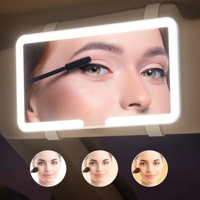 Teckwe Car Sun Visor LED Cosmetic Mirror,Rechargeable Lighted Makeup Mirror,Dimmable 3 Lighting Modes,Clip-On Rear View Sun-Shading Cosmetic Mirror Touch Control Fit For Car