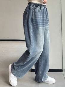 Dazy Petite Plus Plus Size Washed Distressed Loose Wide Leg Long Denim Jeans, All Season,Baggy Jeans - Blue - View 5