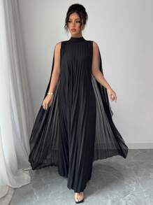 Elenzga Vintage Pleated Shawl Collar Dress With Flared, For Spring/Summer Vacation - Black - View 1