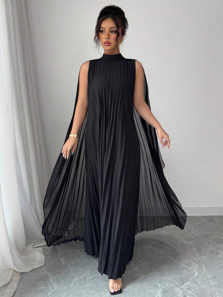 Elenzga Vintage Pleated Shawl Collar Dress With Flared, For Spring/Summer Vacation - Black - View 1