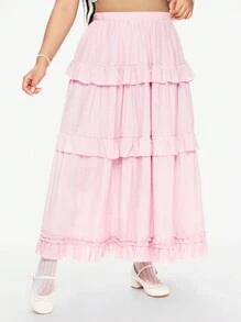 ROMWE Kawaii Vintage Style Solid Color Ruffle Hem Plus Size Long Skirt