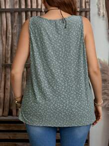 EMERY ROSE Plus Size Women's Countryside Casual Round Neck Sleeveless Pleated Casual Green Loose Fit Tunic Dressy Tank Top, Top Suitable For Vacation, Gifts For Mother, Summer Outfits For Women, Vacation Outfits Woman, Casual Everyday Wear, Vacay Vibes, Springbreak, Casual Wear SS, Bohemia - Green - View 2