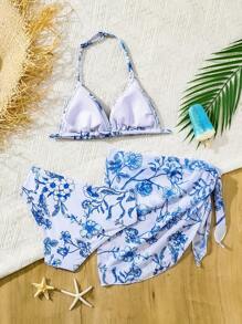 SHEIN Tween Girls Ditsy Floral Halter Neck Skirted Bikini Set With Mesh Cover-Up 3-Piece Beach Summer Set - Blue - View 2