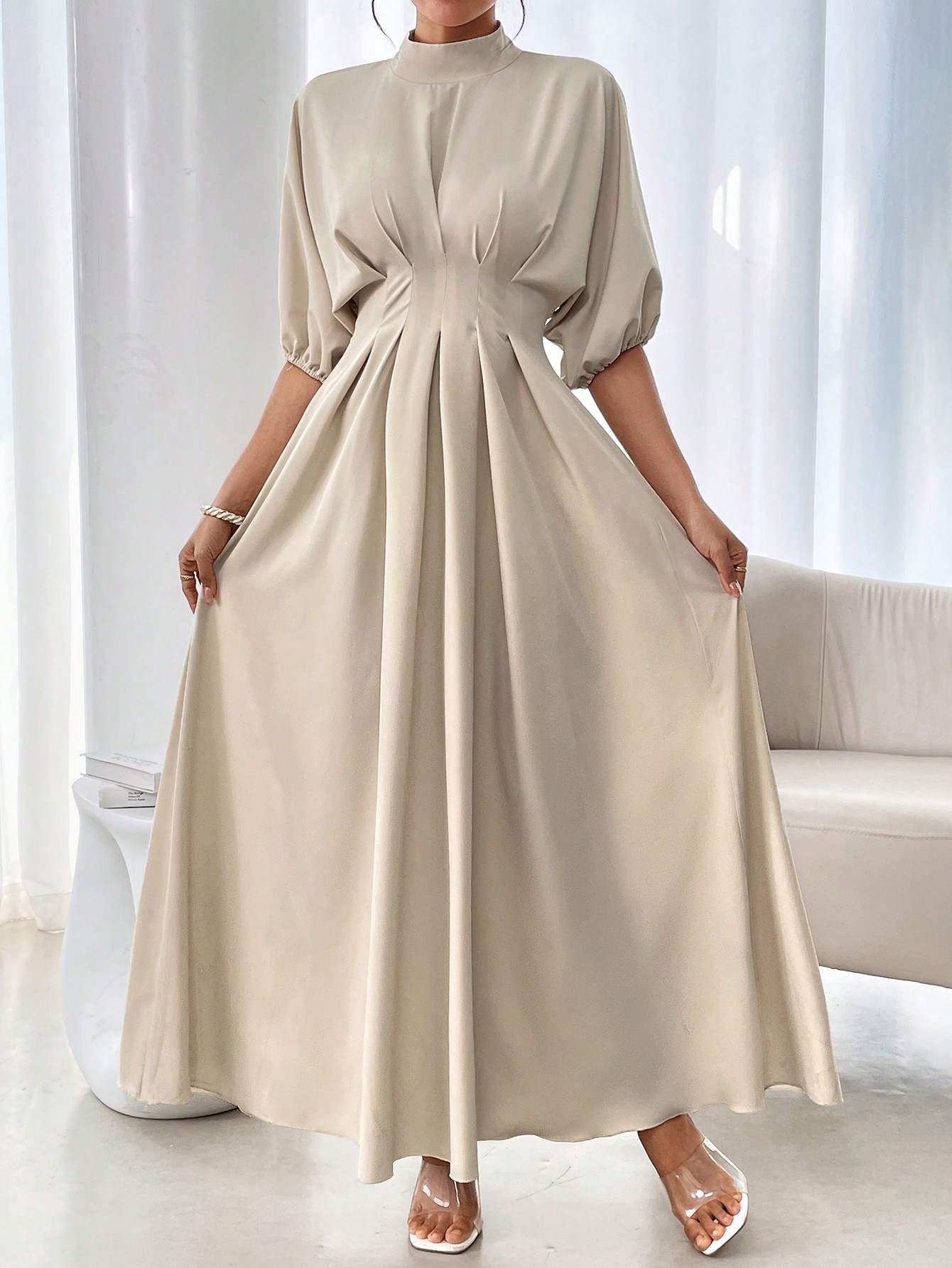 Rafferiza فستان طويل أنيق للنساء بياقة مستديرة فضف...