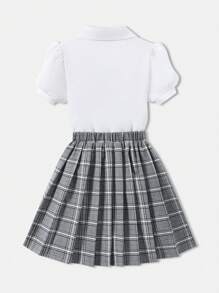 Tween Girl 休闲校园风格 2 件套 - 泡泡袖蝴蝶结衬衫上衣和灰色格子 A 字裙，夏季 - 灰色 - 查看 2