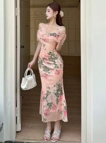 DAZY Women's Ditsy Floral Print Waist-Cinched Off Shoulder Chiffon Fish Tail Midi Dress - Pink - View 9