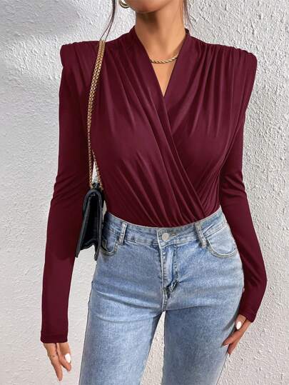 SHEIN Privé بادي أنيق ذو لون أحادي الطول بأكمام طويلة مع ربطة أمامية، مناسب للذهاب إلى العمل