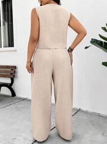 SHEIN Frenchy Conjunto de 2 piezas para mujer talla grande: chaleco tipo blazer de moda y pantalones casuales, color albaricoque