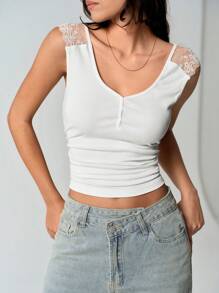 SHEIN Unity Lace Patchwork Deep V-Neck Button Short Sleeve T-Shirt - White - View 7