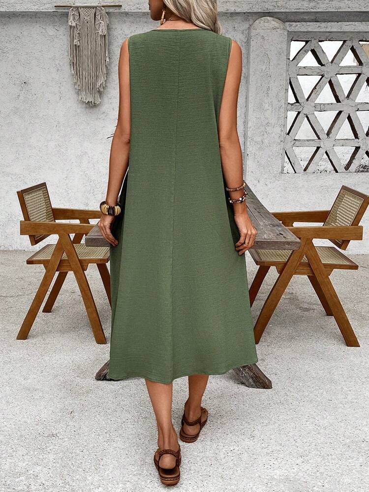 Women Solid Color Round Neck Sleeveless Pocket Midi Dress