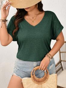 SHEIN Frenchy 大码女式蕾丝向日葵拼布 V 领 T 恤 - 綠色 - 查看 4