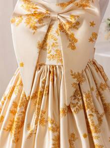 SHEIN Glamorique Kids 四季女孩派对礼服，香槟色，腰部蝴蝶结，优雅宴会舞会礼服 - 香檳色 - 查看 3