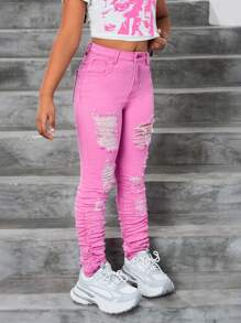 SHEIN Leggings de mezclilla rosa ajustados y rasgados de longitud hasta el tobillo con efecto amontonado, para niñas preadolescentes - Conjunto de ropa para primavera, verano, vacaciones y festivales