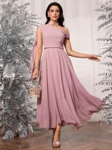 Modelyn Vestido de gasa con volante asimétrico en el hombro, cintura con volante y bajo acampanado, elegante para mujeres, vestido para invitados de boda